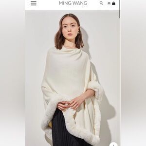 Ming Wang Faux Fur Trim Knit Cape, Ivory